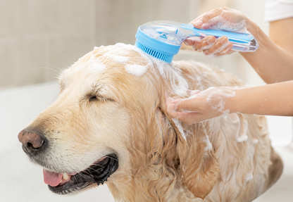 2-in-1 Pflegebürste mit integriertem Shampoo-Spender für Hunde und Katzen.